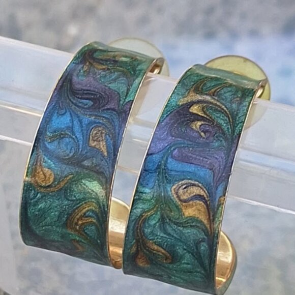 Jewelry - VTG 80s Hoop Earrings Painted Blue Purple Gold Swirl Pattern Jewel Tone Artsy